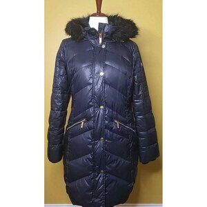 MICHAEL KORS Womens Medium Dark Blue Puffer Removable Hood Winter Coat Faux Fur